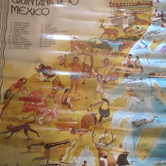 Art | Orginal Vintage Gulf Of Mexico Quintana Roo Travel Poster Map ...